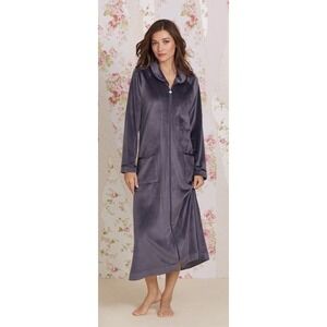 Eileen West Charcoal Lux Velour Zip-Front Long Robe Cozy Lounge S/M